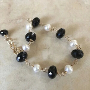 Black Spinel,Black And White,Freshwater Pearl,Minimalist Bracelet, June Birthday